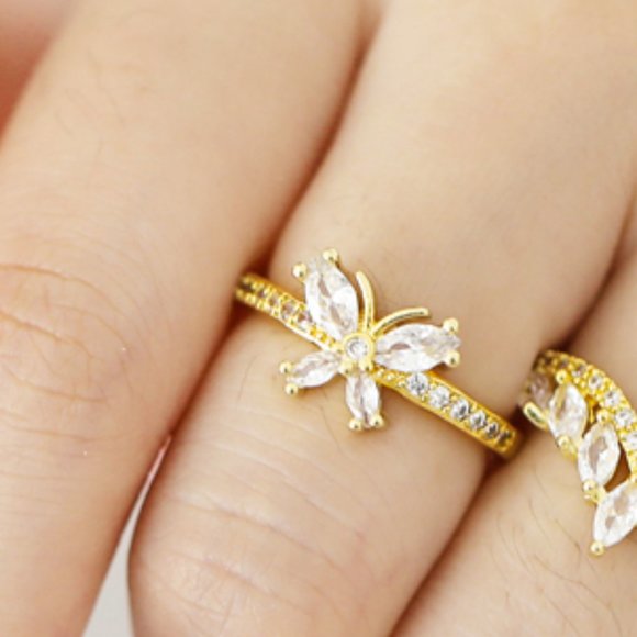 3/$35 Butterfly 18K Gold Plated Copper Open Ring Cubic Zirconia CZ Diamond - Picture 4 of 6